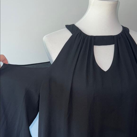 Lando Cold Shoulder Black Halter Draped Knit Long Sleeve Blouse Top Women's XL - Picture 2 of 8